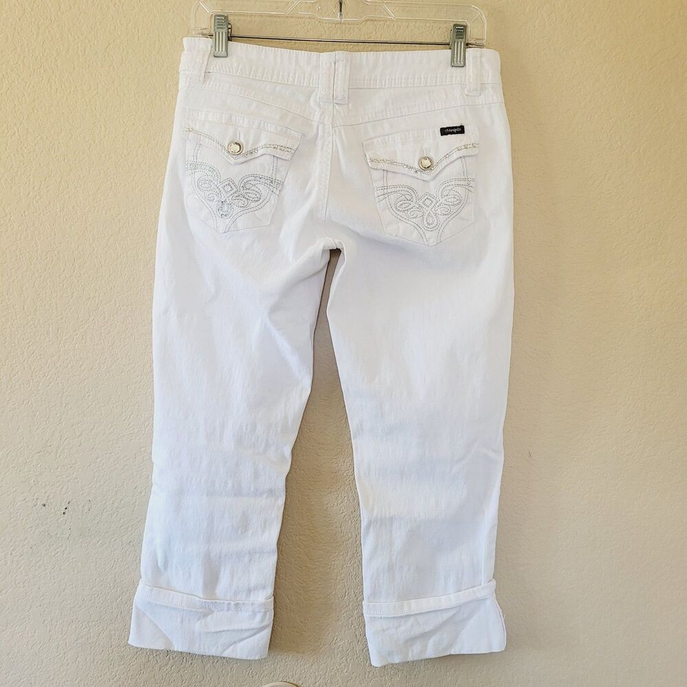 Vtg Angels Womens White Capri Pants Size 9 Embellished Flap Pocket Cuffed Y2k